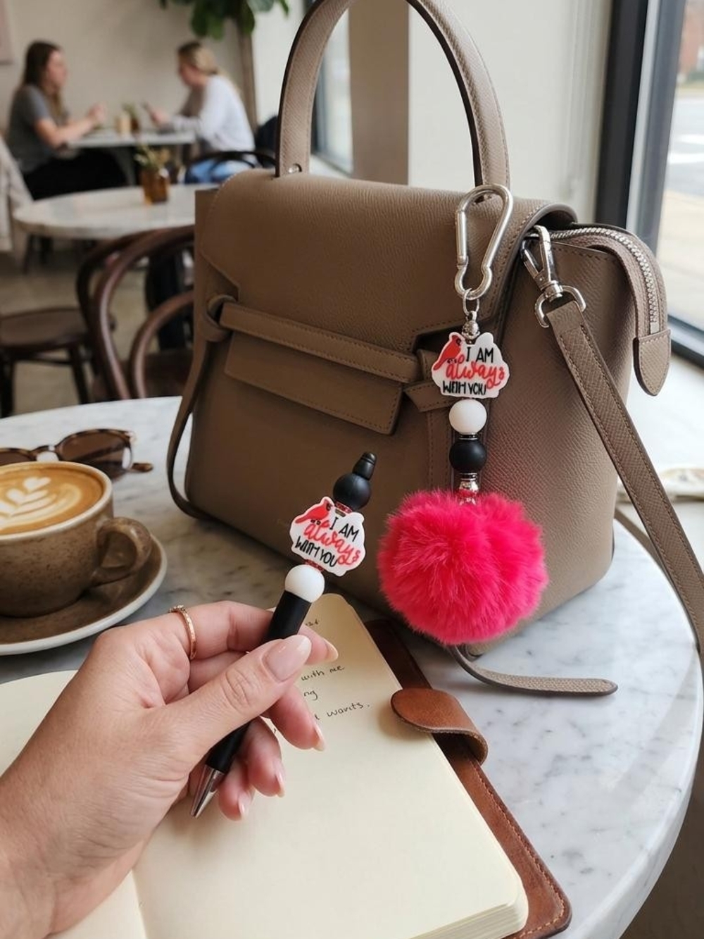 Cardinal bag charm with matching pen